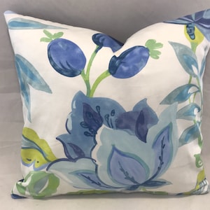 On sale.  Dainty small Summer cushion in blue hues, natural cotton Fibre, with printed floral face