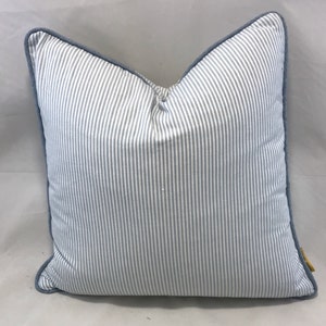Three in one parcel, French country manor look cotton ticking striped cushions, piped in blue