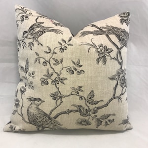 Natural linen background with black print on front with birds, brown/black plain back panel