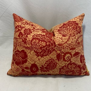 On sale . Liberty Indiannage  Rindjani cotton cushion in cherry red and ocher yellow front, rusty taupe velvet back