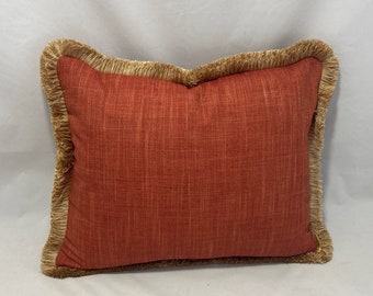 Paprika Linen Throw Pillow with Golden Fringe, Designer Cushion