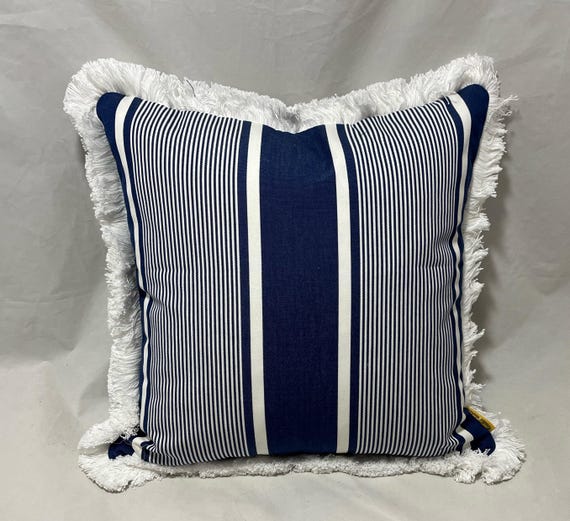 クッションカバー Cushion Cover navy line Navy Striped Cushion Cover With White Cotton Fringe - Etsy