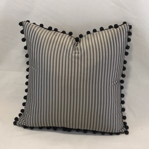 Silk charcoal/grey striped cushion with bead ball trim