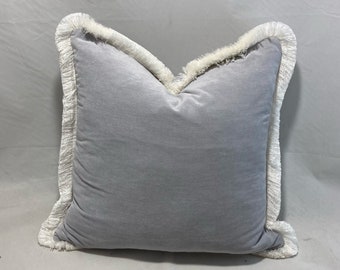 Silver Grey Velvet Cushion Cover, White Cut Fringe Trim