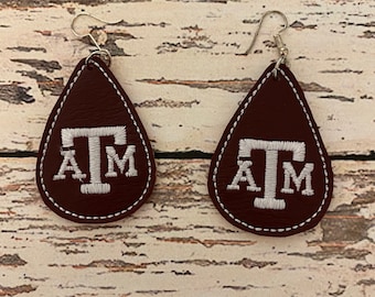 Texas A&M faux lederen bungelende oorbellen, Aggie geschenken, Moederdag cadeau, Aggie fan cadeau