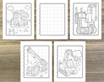 Grid Drawing Big Construction Vehicles Worksheet Pages! Downloadable How-to-Draw PDF file!