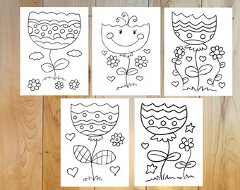 Cute Happy Flowers Coloring Page Set! Downloadable PDF files!