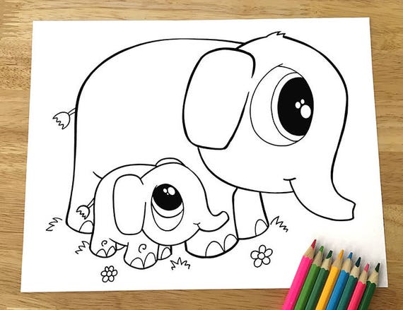 Cute Elephants Coloring Page Downloadable Pdf File Etsy