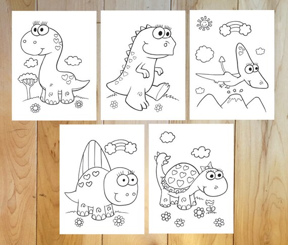 Super Cute Dinosaurs Coloring Page Set Downloadable Pdf File Etsy