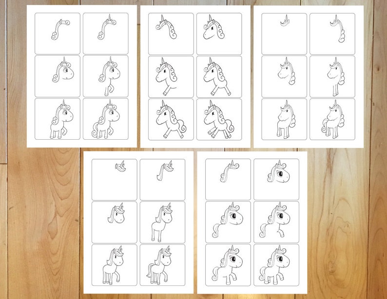 How to Draw Step by Step Cute Unicorns Page Set Downloadable PDF files image 1