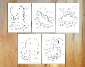 May include: Four black and white colouring pages featuring cute cartoon dinosaurs. Each dinosaur is in a different pose and has different features, such as spikes, horns, and a long tail. The dinosaurs are surrounded by simple flowers and clouds.