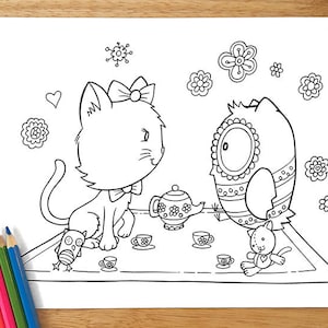 Cat and Owl Tea Party Coloring Page! Downloadable PDF file!