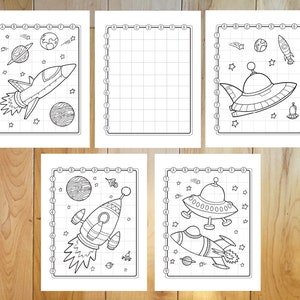 May include: Five black and white space-themed coloring pages. Each page features a different design, including rockets, planets, and a UFO. The pages have a grid border for a connect-the-dots activity.