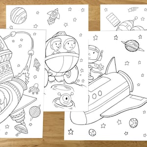 May include: Black and white coloring pages featuring children in spaceships, planets, and stars. The pages are perfect for kids who love space and outer space.
