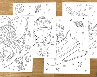 May include: Black and white coloring pages featuring children in spaceships, planets, and stars. The pages are perfect for kids who love space and outer space.