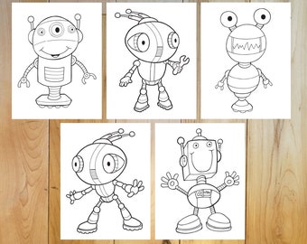 May include: Five black and white line drawings of robots on white paper. Each robot has a different design and expression. The robots are all in a cartoon style.