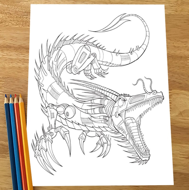 Robot Dragon Coloring Page Downloadable PDF file | Etsy