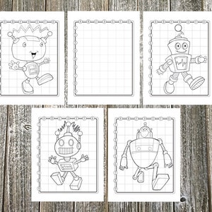 Puede incluir: Cinco páginas para colorear con temática de robots en blanco y negro. Cada página presenta un diseño de robot diferente dentro de una cuadrícula, con letras y números en los bordes. Los robots tienen varias formas y detalles.