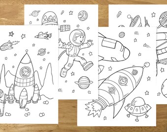 May include: Black and white coloring pages featuring space-themed illustrations. The pages include rockets, astronauts, planets, stars, and a UFO.