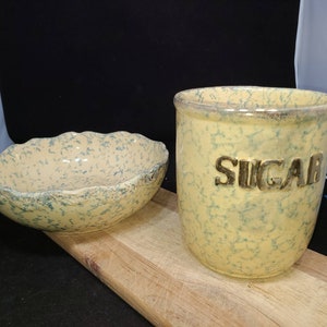Antique gold rim/ yellow blue spatterware & spongeware sugar crock and bowl