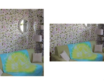 Wall hanging, sarong, tablecloth, bedspread, fabric, dye pigments, textile art, yellow-green, Sun
