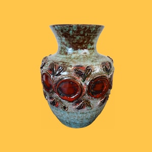 Vintage keramische vaas in West-Duitse stijl, turquoise en terracotta, gemaakt van lavasteen, bloemenvaas voor interieurdecoratie in mid-century modern stijl (20x16 cm)