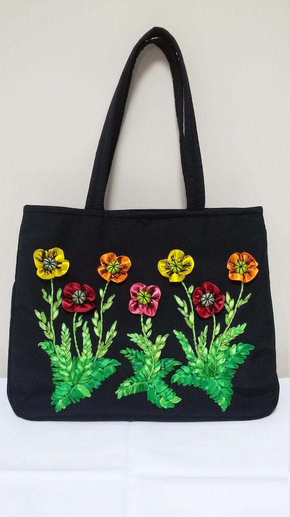 Large Handbag Embroidered Tote Bag Flower Hand Embroidery Etsy