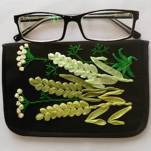 embroidered flower glasses case • hand made ribbons embroidery • black cloth soft phone pouch with flourishing white yarrow