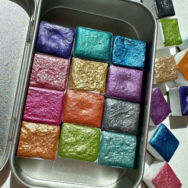 Handmade Sparkly Watercolors - Glitter / Shimmer/ Metallic Paints - Set of 12 Half Pans - Grab Bag