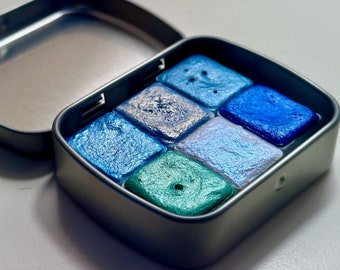 Blue Sparkly Watercolors: Set of 6, Handmade Shimmering Paints