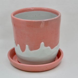Handmade Ceramic Planter // Plant Pot for Small House Plants and Succulents // Drainage Hole and Saucer // Pink with White Drips