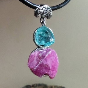 Natural Mexico apatite pendant in the rough with raw natural ruby two elements with many priorities. cord included 40cmts