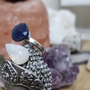 Adjustable double ring in silver 925 with Blue Sapphire and moonstone Ring size US 7 10x10mm