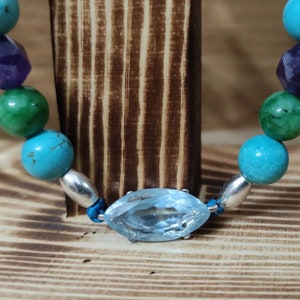 Central aquamarine choker, with turquoise chain, jade, and Amethyst with silver crotch 925 sterlina