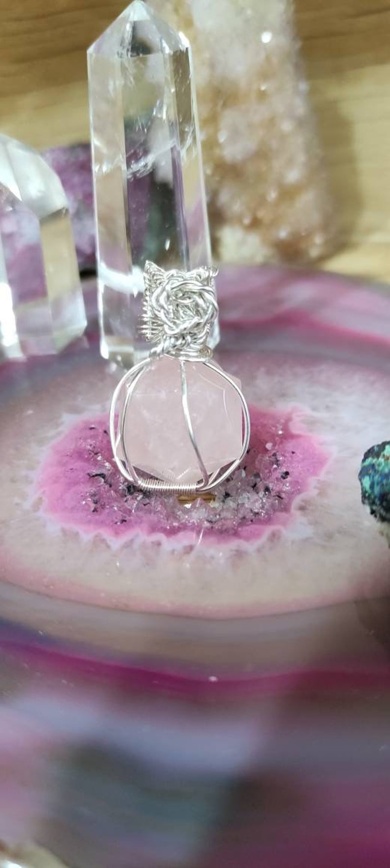 Natural Small Pink Quartz Pendant Set in Nickel and Lead Free Silver Thread 925