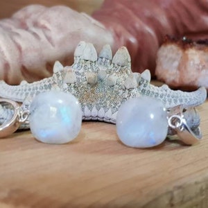 Puede incluir: Un par de pendientes de plata con colgantes de piedra lunar. Las piedras lunares son iridiscentes y tienen un color blanco lechoso.