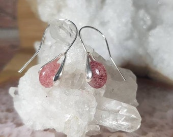 Silver Earrings 925 Sterlina crimped in natural strawberry quartz 8mm