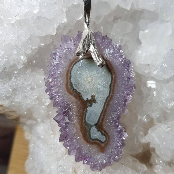 Spectacular slice of raw natural amethyst stalactite with 925 silver hook in branch shape