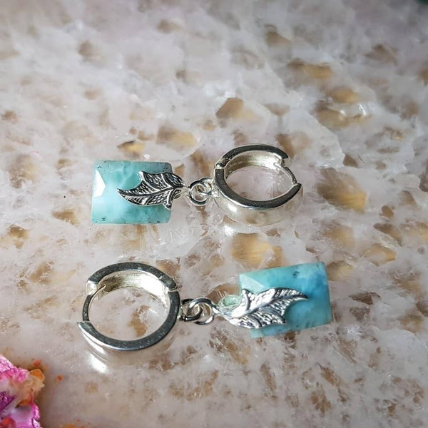 Solid silver Creole pendant earrings 925 sterling with polished faceted natural larimar rectangles.