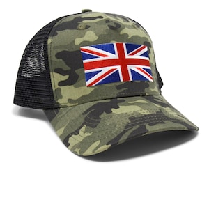 May include: A camouflage trucker hat with a black mesh back and a Union Jack patch on the front.