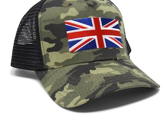 Czapka Union Jack: Regulowana czapka bejsbolówka typu trucker z haftowaną flagą Wielkiej Brytanii i Anglii