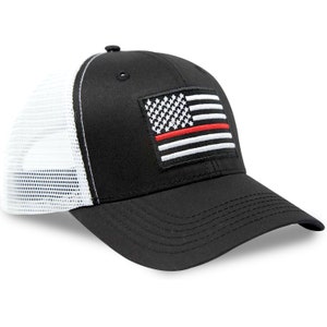 International Tie Thin Red Line Firefighter Flag Snapback Baseball Hat (Black/White)