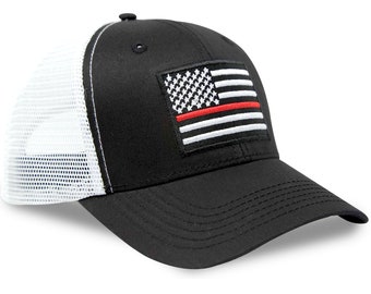 International Tie Thin Red Line Firefighter Flag Snapback Baseball Hat (Black/White)