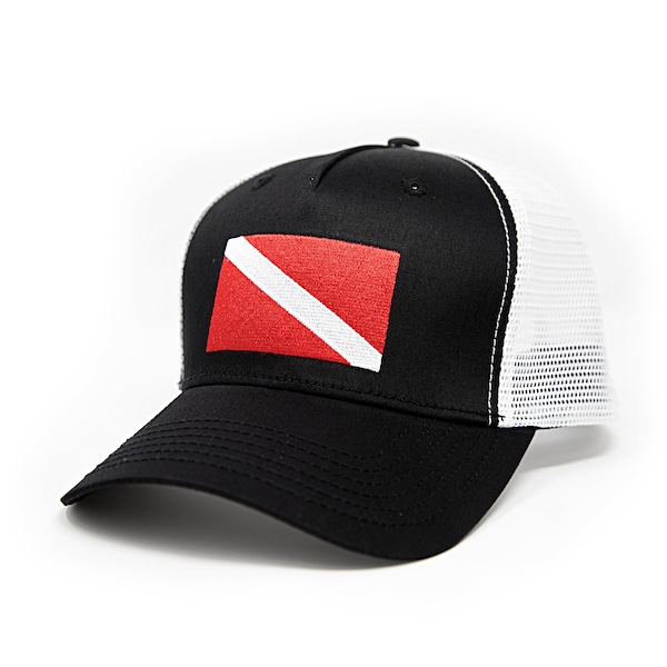 Scuba Diving Hat: Adjustable Snapback Trucker Baseball Cap with Embroidered Flag Patch