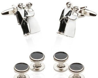 Wedding Formal Set Bride & Groom Cufflinks and Studs with Presentation Gift Box