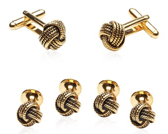 Gold Knot Cufflinks and Studs Tuxedo Formal Set with Travel Presentation Gift Box - Perfect for Wedding Groomsmen