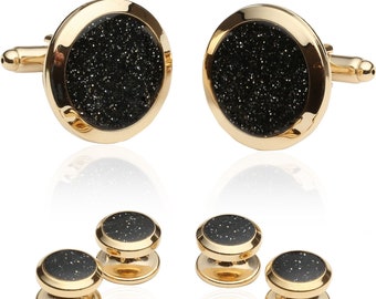 Tuxedo Stud Set Black Diamond Dust Gold Cufflinks and Studs Tuxedo Formal Set for Men - Arrives in Handsome Gift Box Ready for Gifting