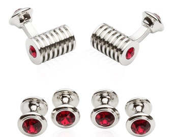 Red Crystal Formal Set of Tuxedo Cufflinks and Studs Stud Set with Travel Presentation Gift Box - Perfect for Wedding Party