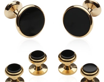 Wedding Tuxedo Cufflinks and Studs - Classic Black Onyx with Gold Stud Set with Travel Presentation Gift Box - Perfect for Wedding Groomsmen