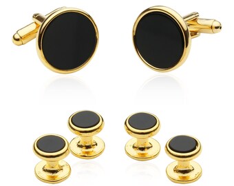 Wedding Tuxedo Cufflinks and Studs - Black Onyx with Gold Tone with Gift Box